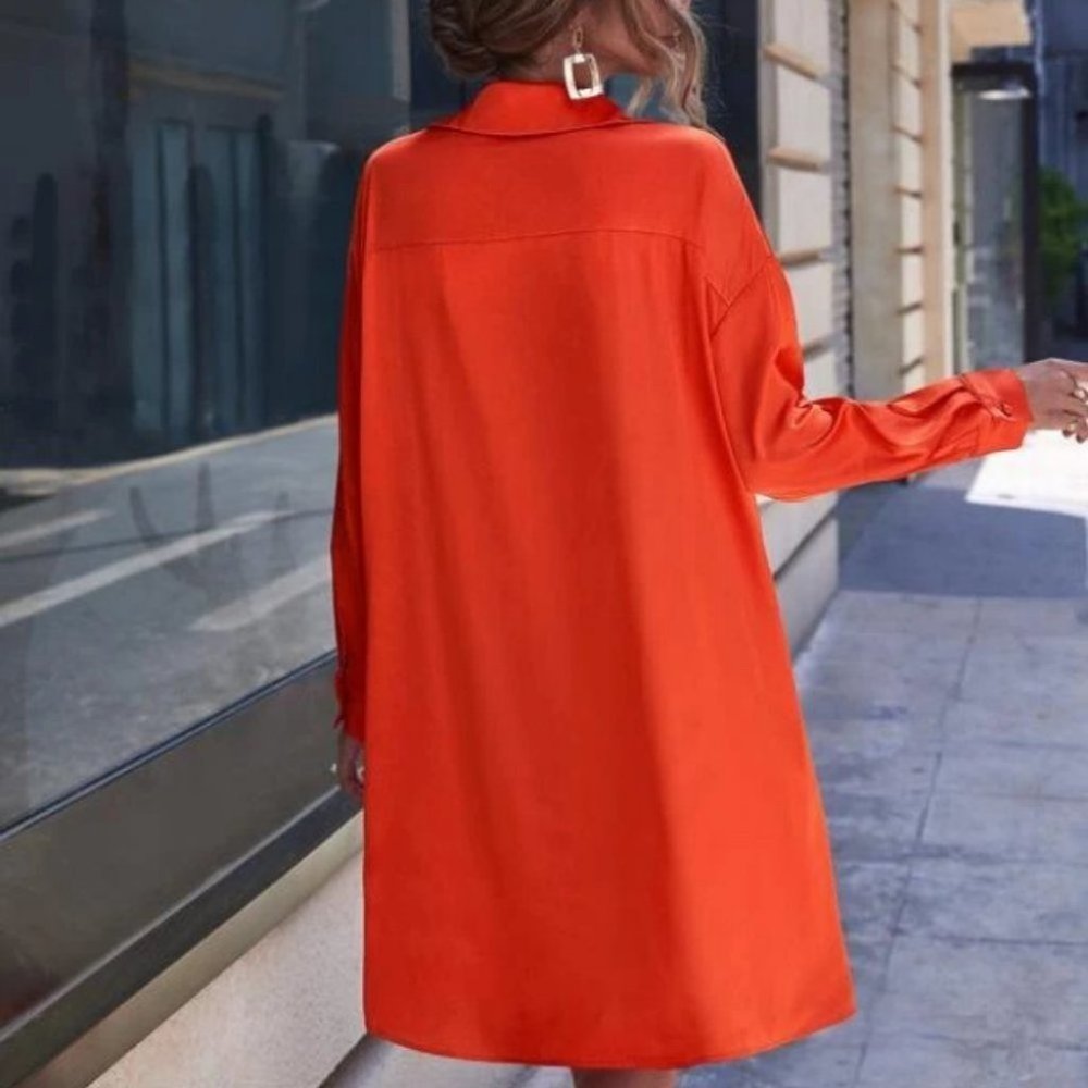 orange Satin Relaxed fit long sleeve button front Dress - Picture 2 of 6